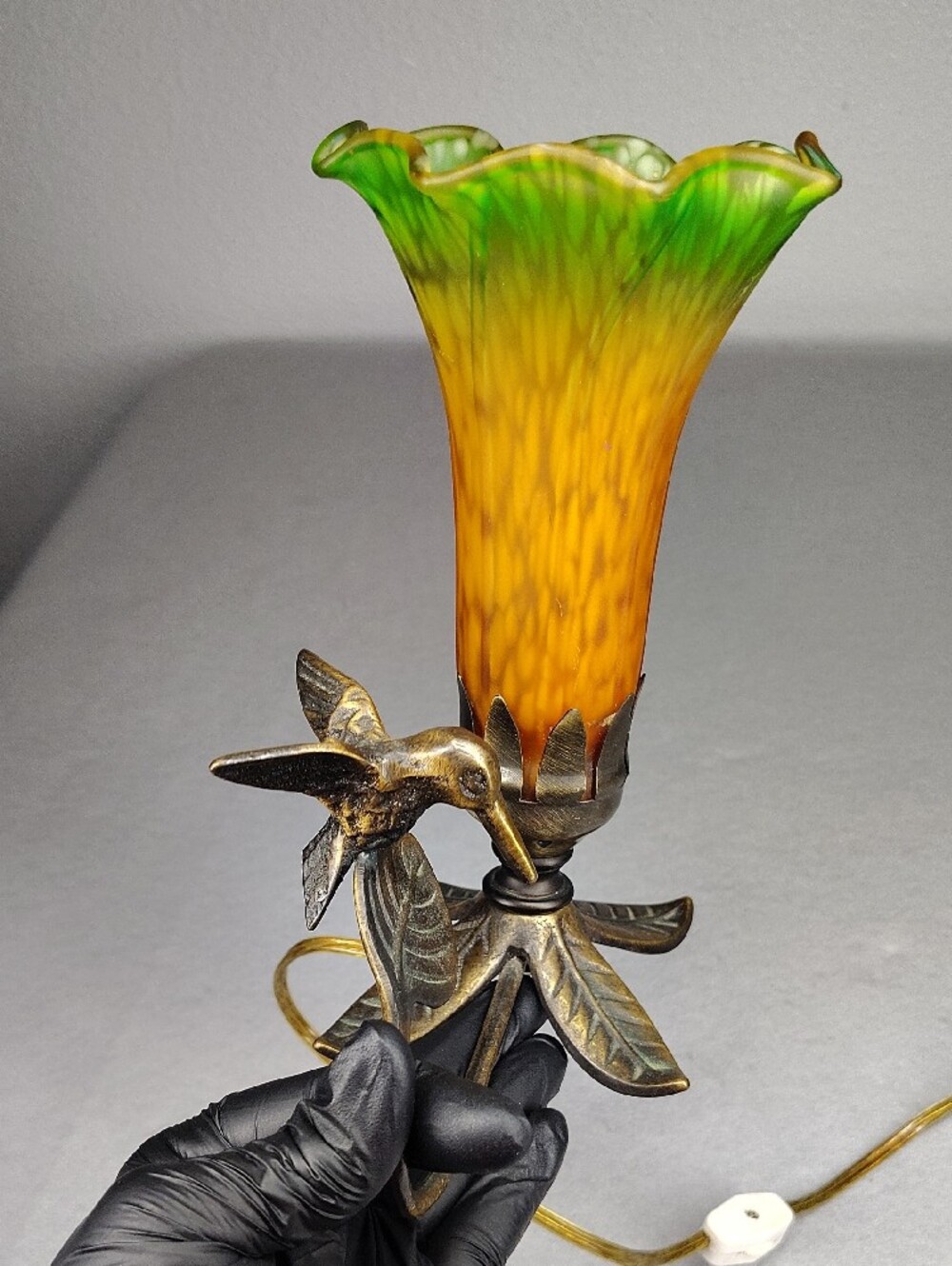Vintage Floral Glass Pendant Lamp - Amber to Green Shade W/Hummingbird - Picture 7 of 16
